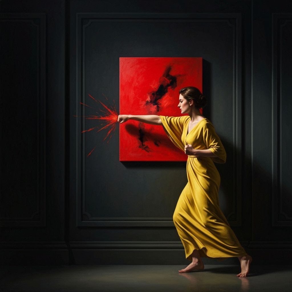 Woman Punches Red Painting in Baroque Impressionist Style