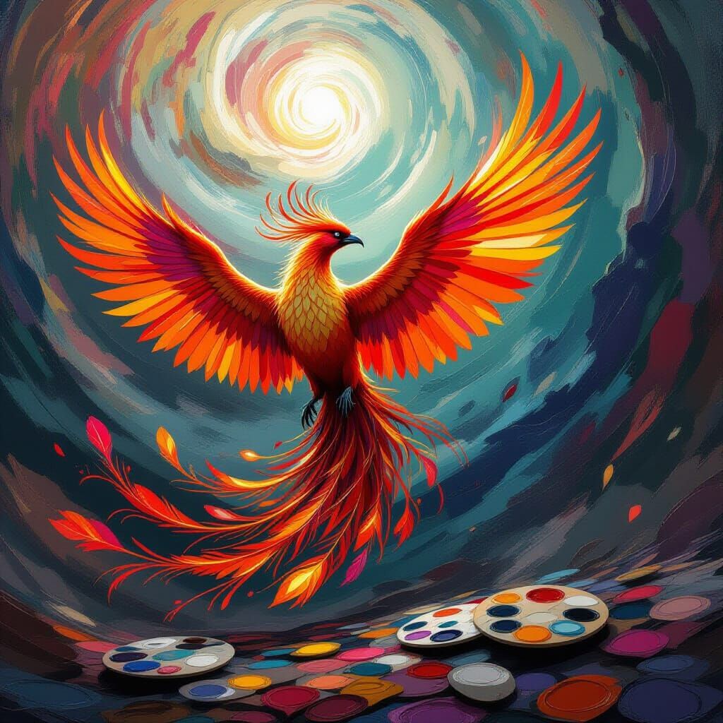 Fiery Phoenix Rising from Paint Palettes, as Digital Art