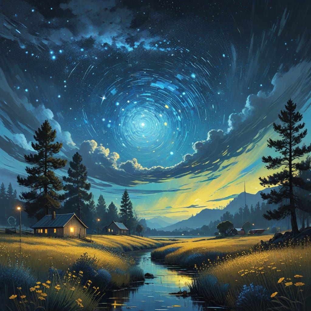 Twinkling Starry Night Sky in Impressionist Style