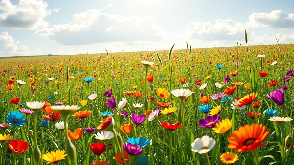 Glass Flowers Bloom in a Vibrant Meadow Scene
