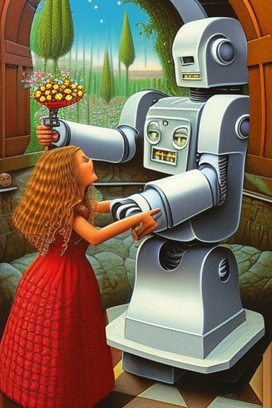 Robot's Gift: Surreal Scene in Yerka Style
