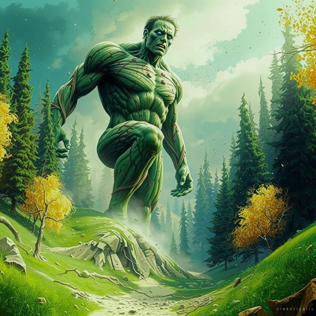 Colossal Green Titan in Dystopian Landscape
