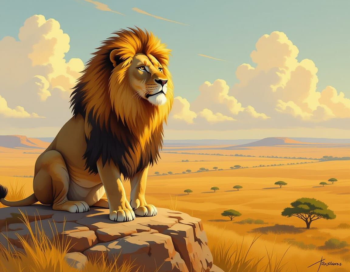 Lion Overlooking Savannah in Oil Painting Style