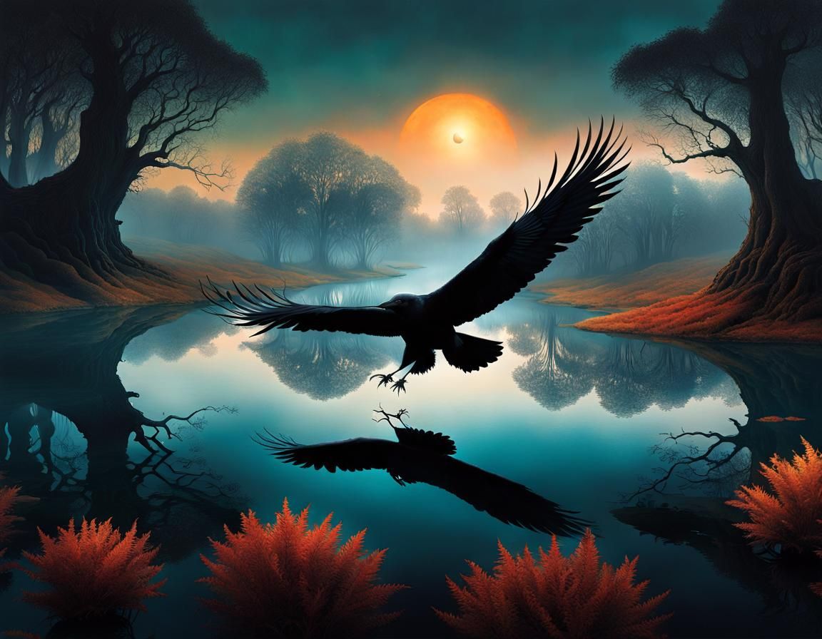 Surreal Crow Reflection in Moody Landscape