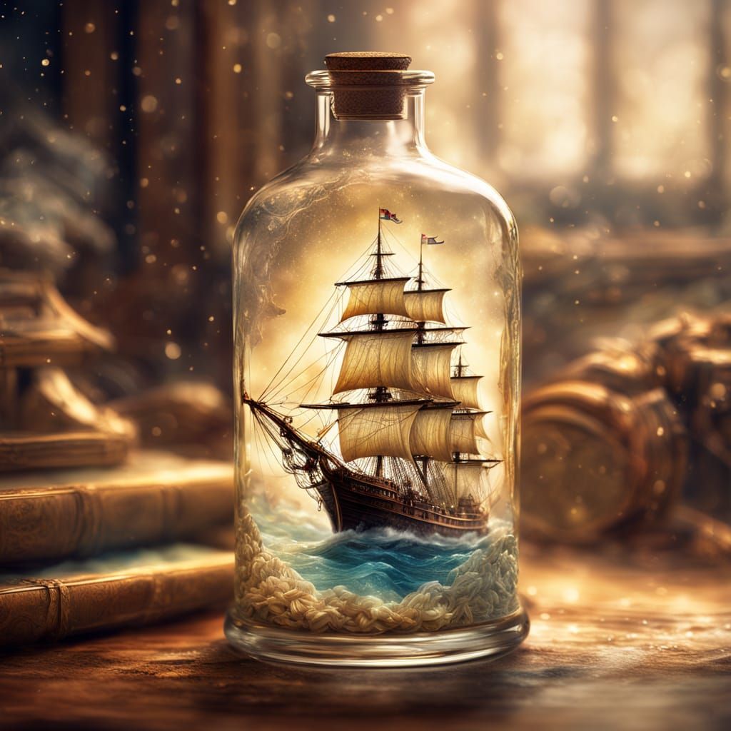 Vintage Sailing Ship Inside Glass Bottle, Fantasy Art