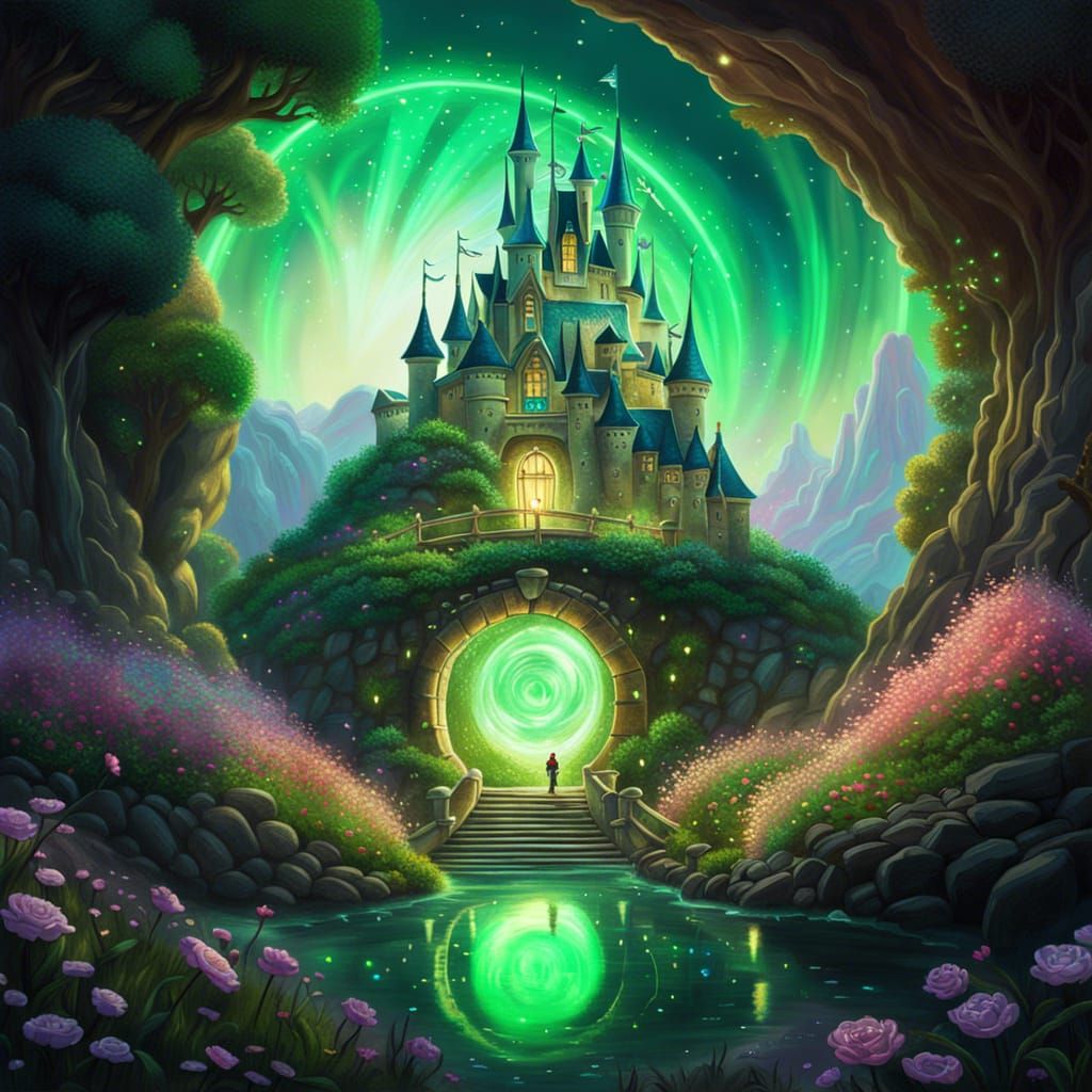 Fantasy Kingdom with Glowing Portal in Impressionistic Style