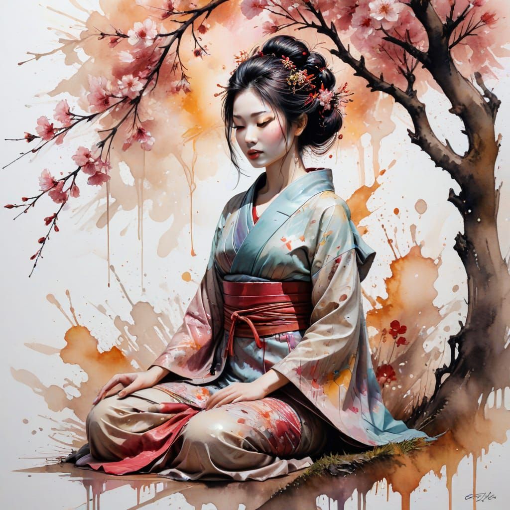 Surreal Geisha Meditates in Cherry Blossom Glow with Spontan...