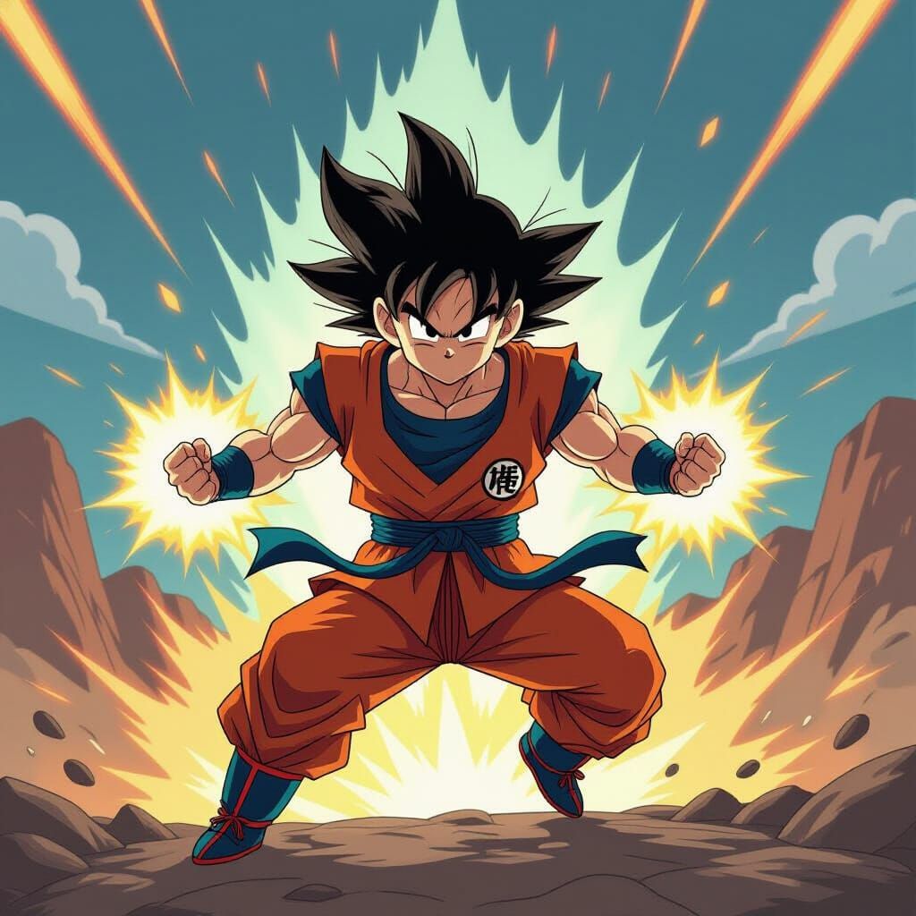 Son Goku in Dynamic Battle Pose with Energy Blasts