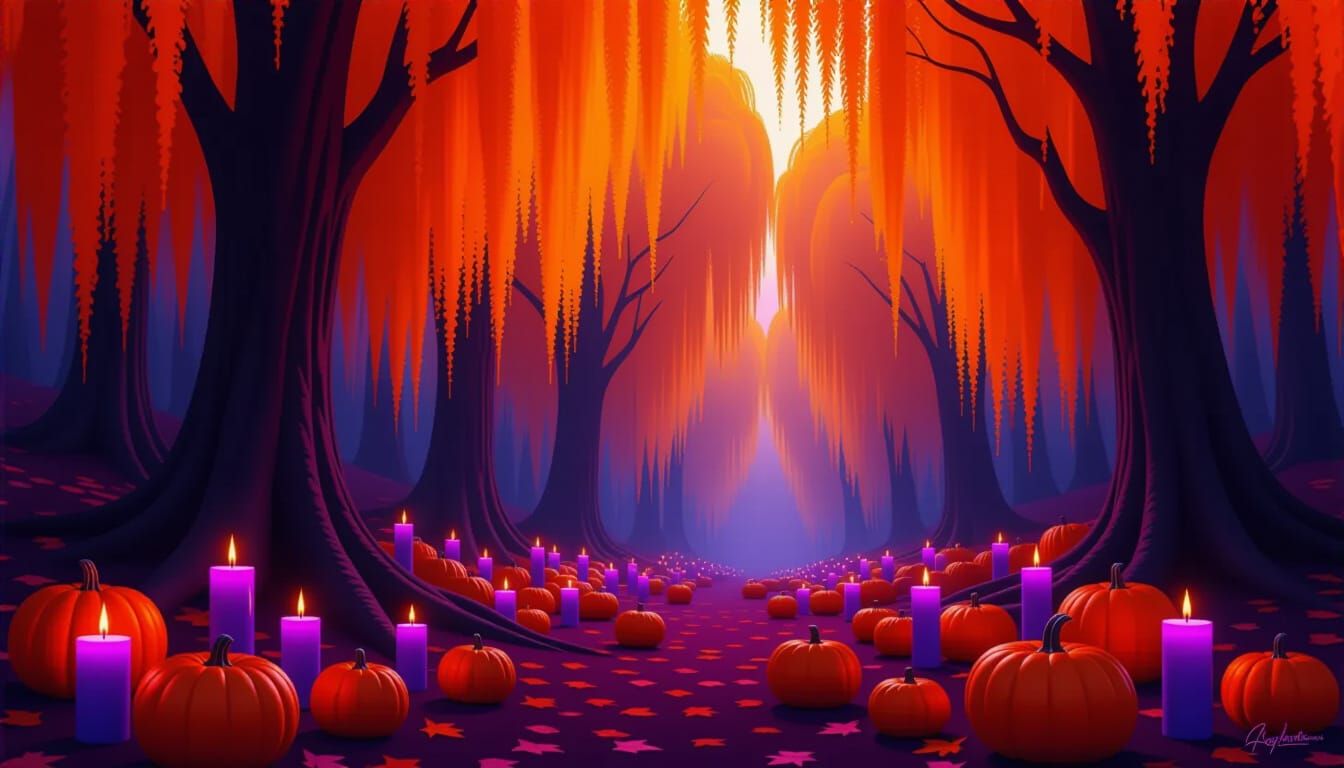 Mystical Orange Willow Forest with Purple Candles