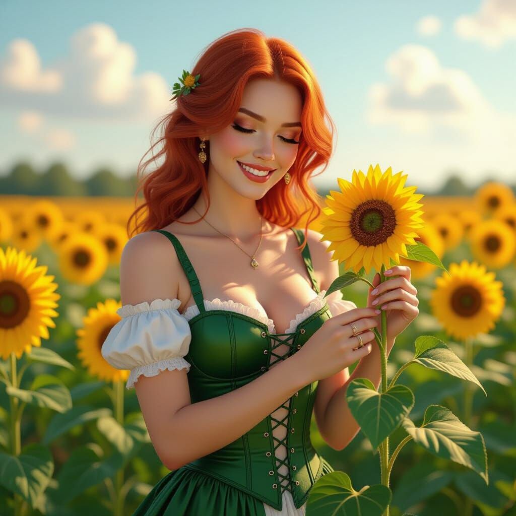 Redhead Woman Picks Sunflower in Fantasy Field