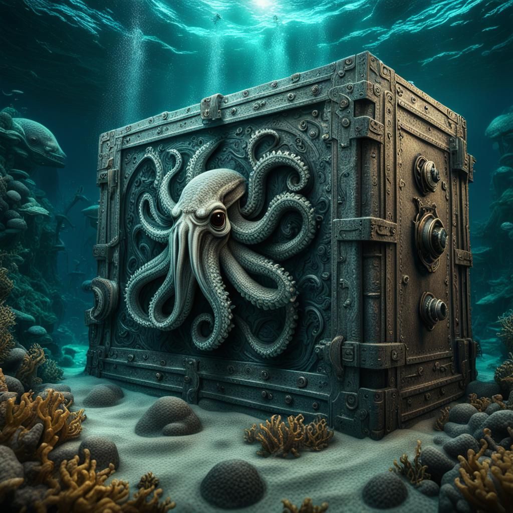 Kraken Guarding Treasure Safe Underwater: Fantasy Art