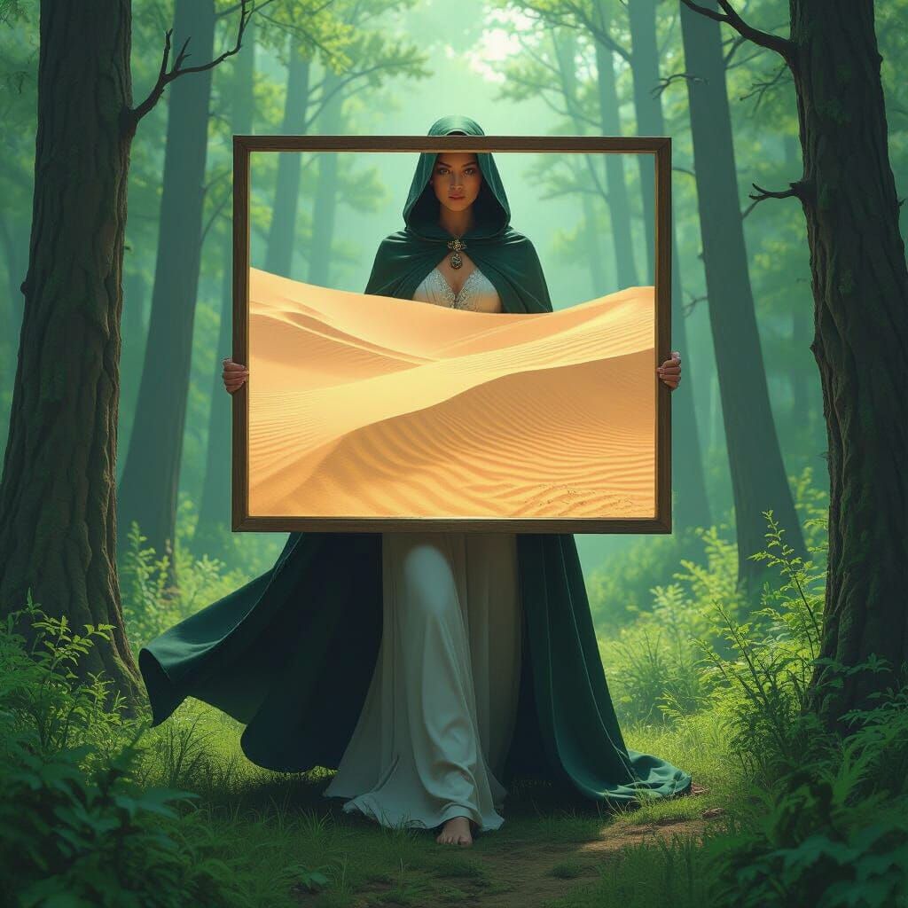 Surreal Forest Scene with Floating Sand, Digital Art