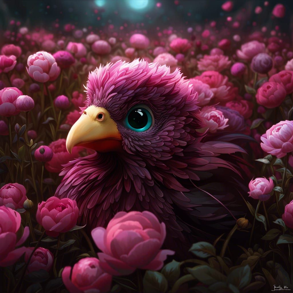 Chibi Evil-Eyed Turkey in Peony Field