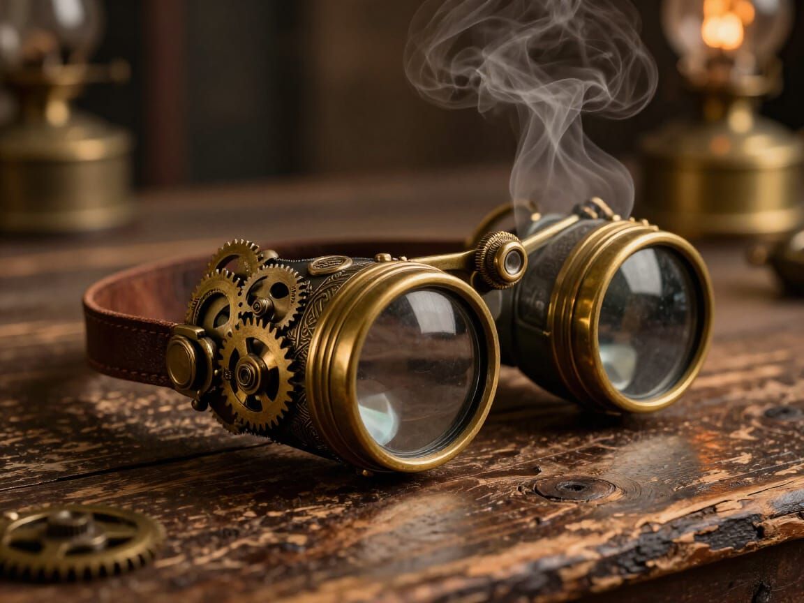 Intricate Steampunk Goggles on Wood with Ethereal Steam