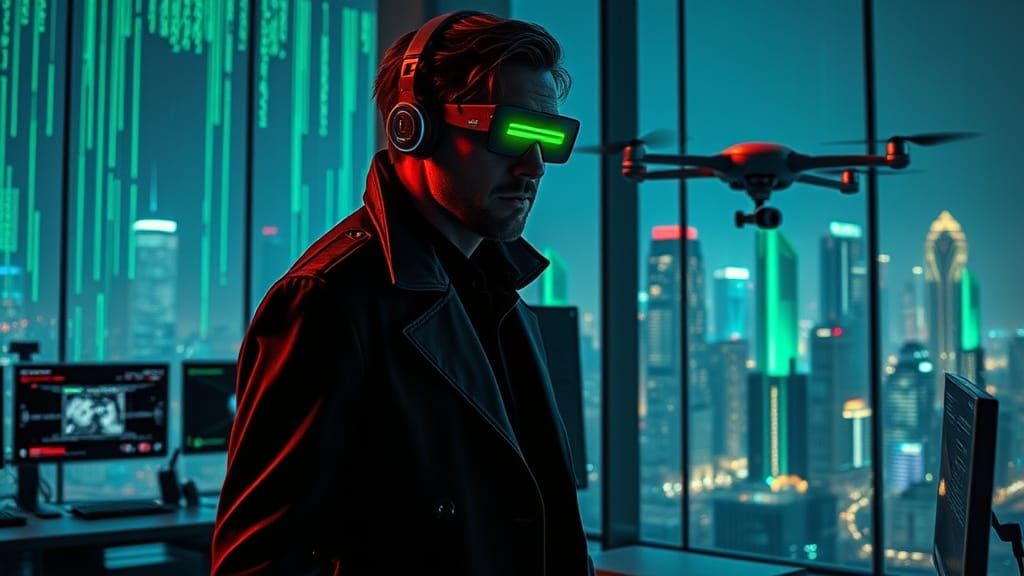 Serious Man in Dark Coat with Augmented Reality Glasses Proj...