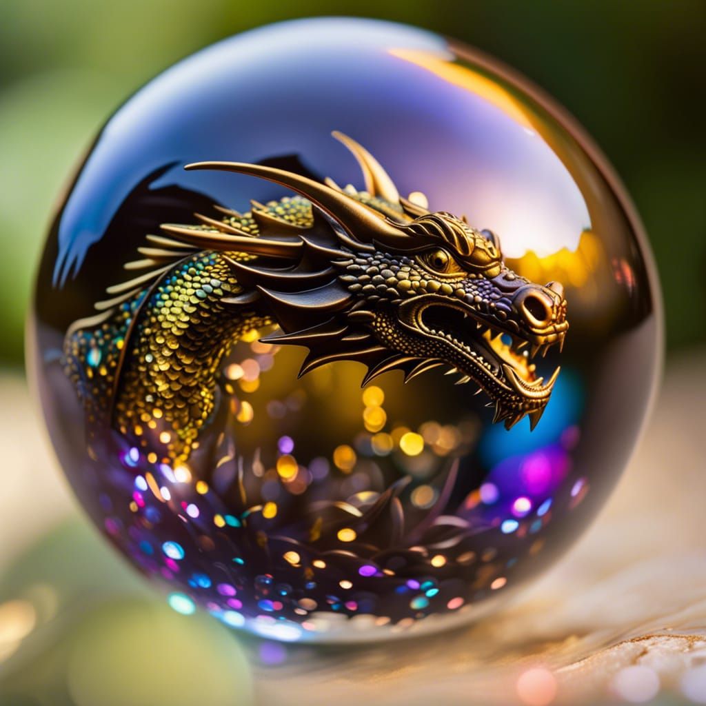 Iridescent Golden Dragon in Crystal Sphere