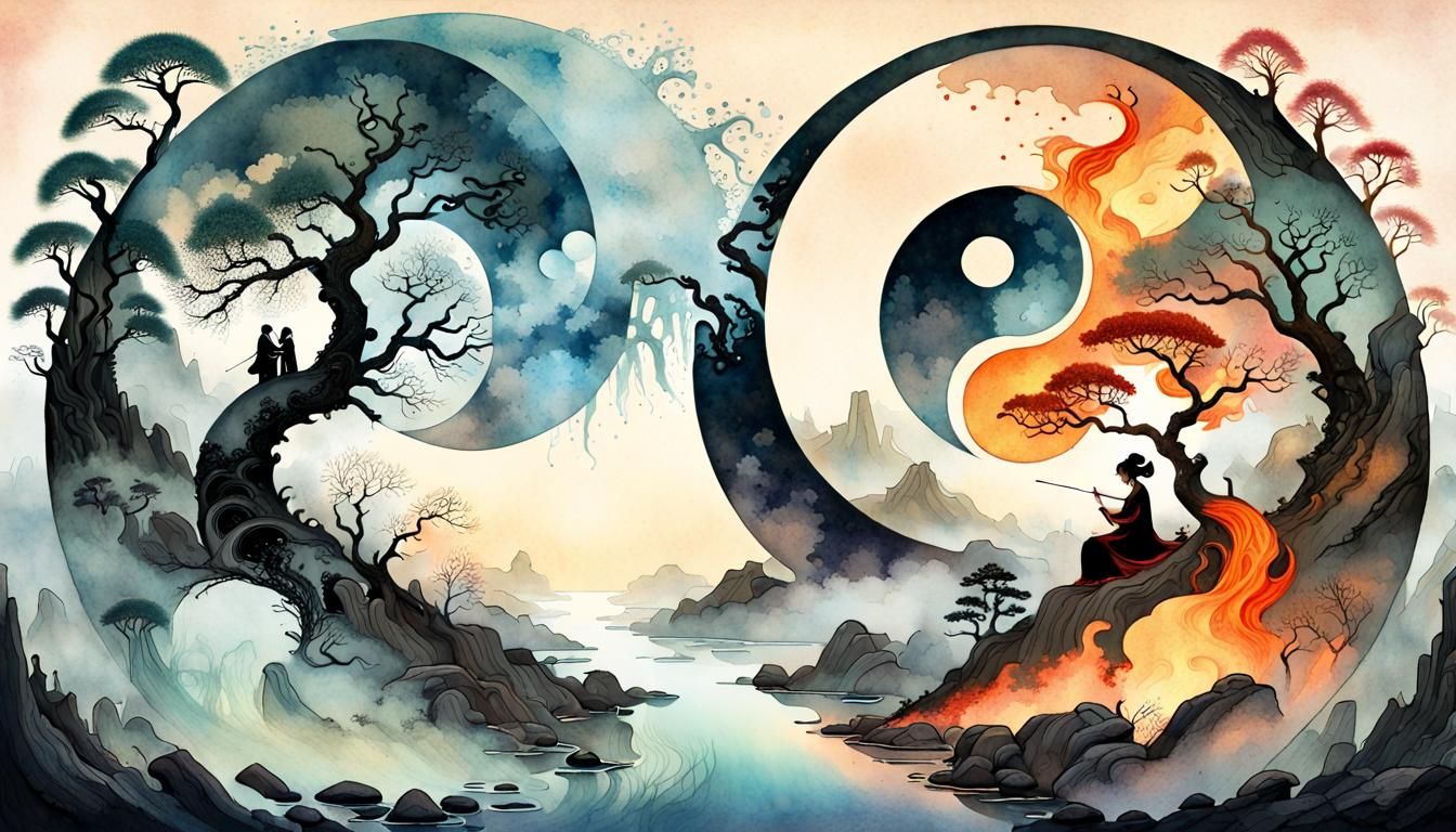 Yin and Yang Landscape in Misty Pastel Watercolor