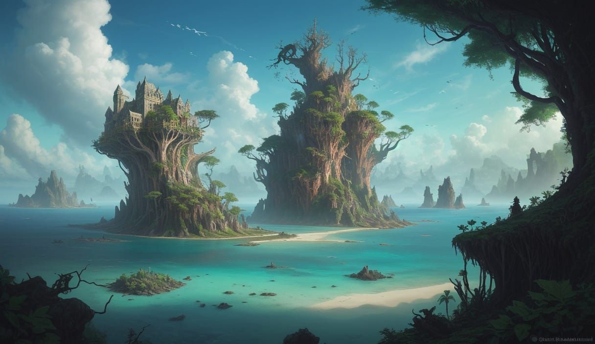 Fantasy Island of Wrecked Ships and Majestic Trees in a Trop...