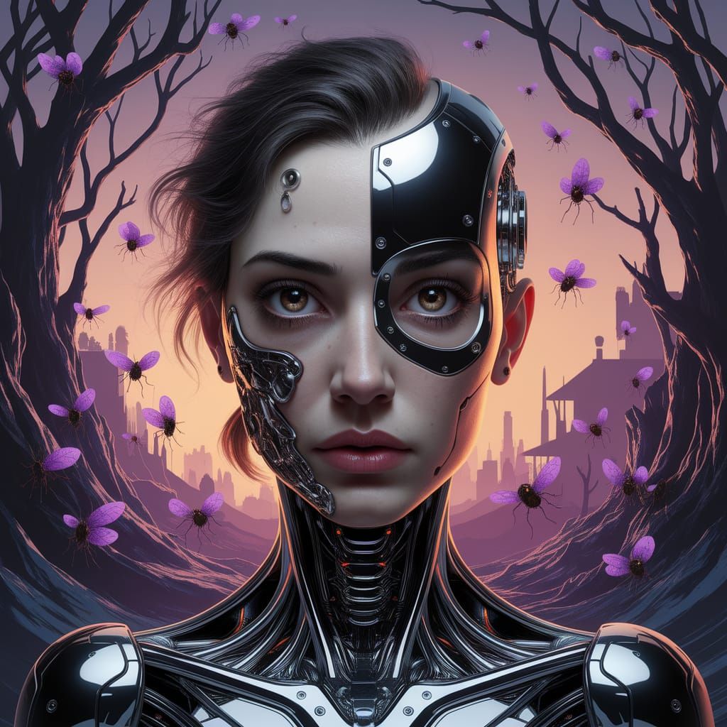 Cyborg Woman with Purple Flies, Surreal Digital Art
