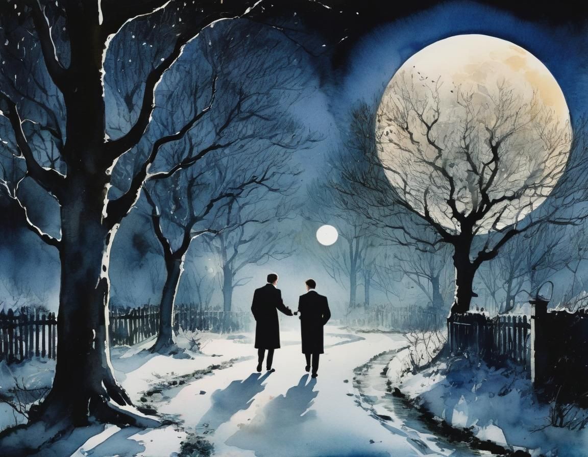 Gay Couple Stroll on Winter Night: Watercolour Fairytale