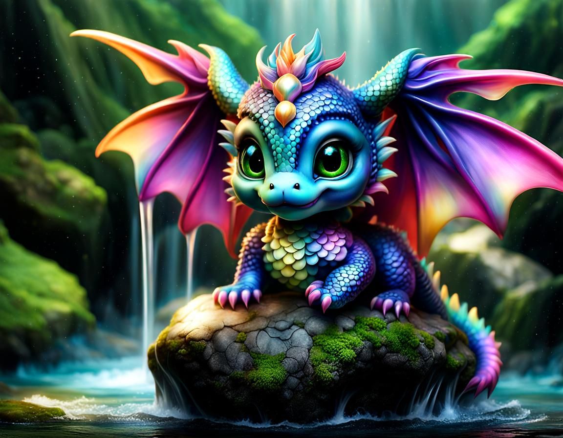 Iridescent Baby Dragon Plays Under Waterfall