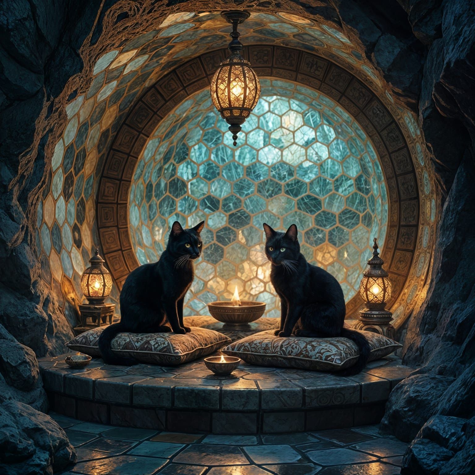 Ornate Grotto with Black Cats and Incense