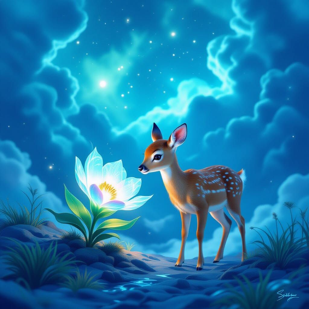 Deer Sniffs Alien Flower on Neptune in Fantasy Concept Art S...