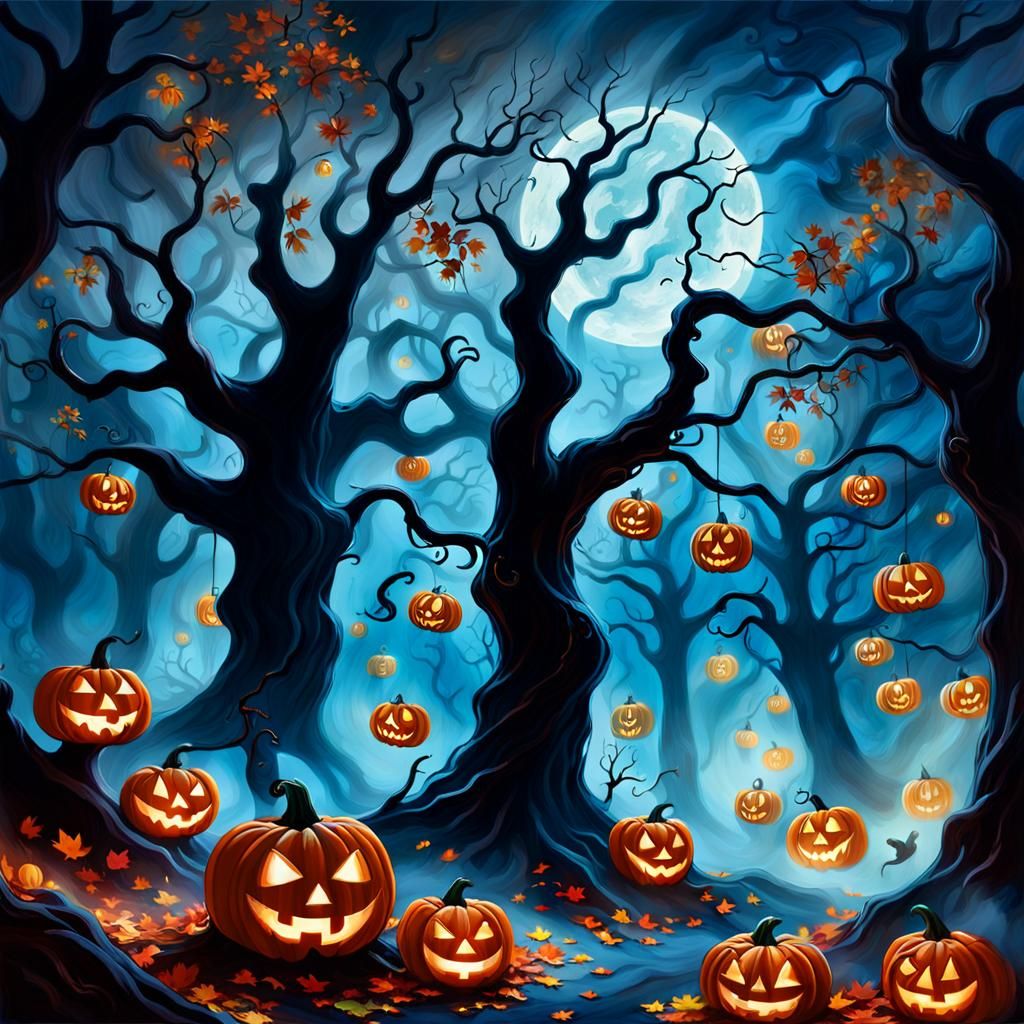 Haunted October Night: Surrealist Oil Painting