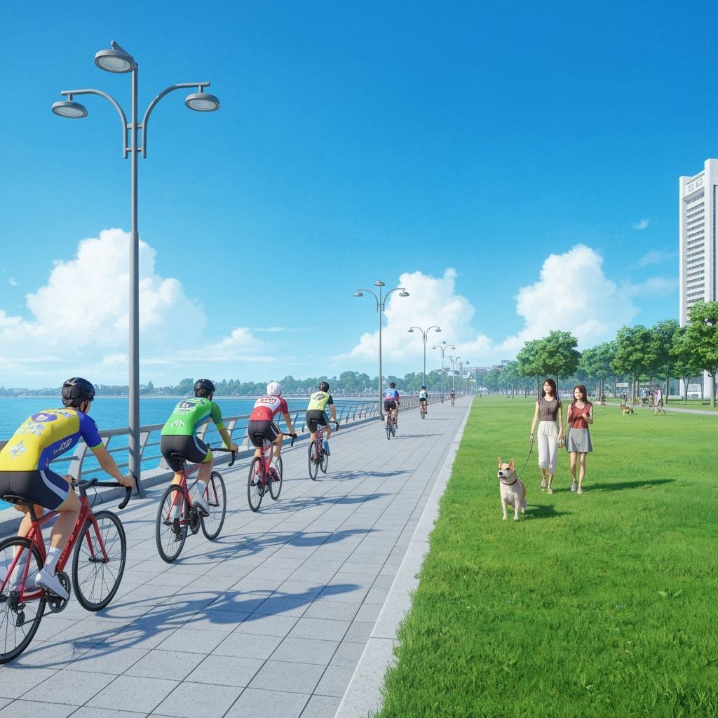 Singapore Seaside: Cyclists and Dogs in 3D Anime Style