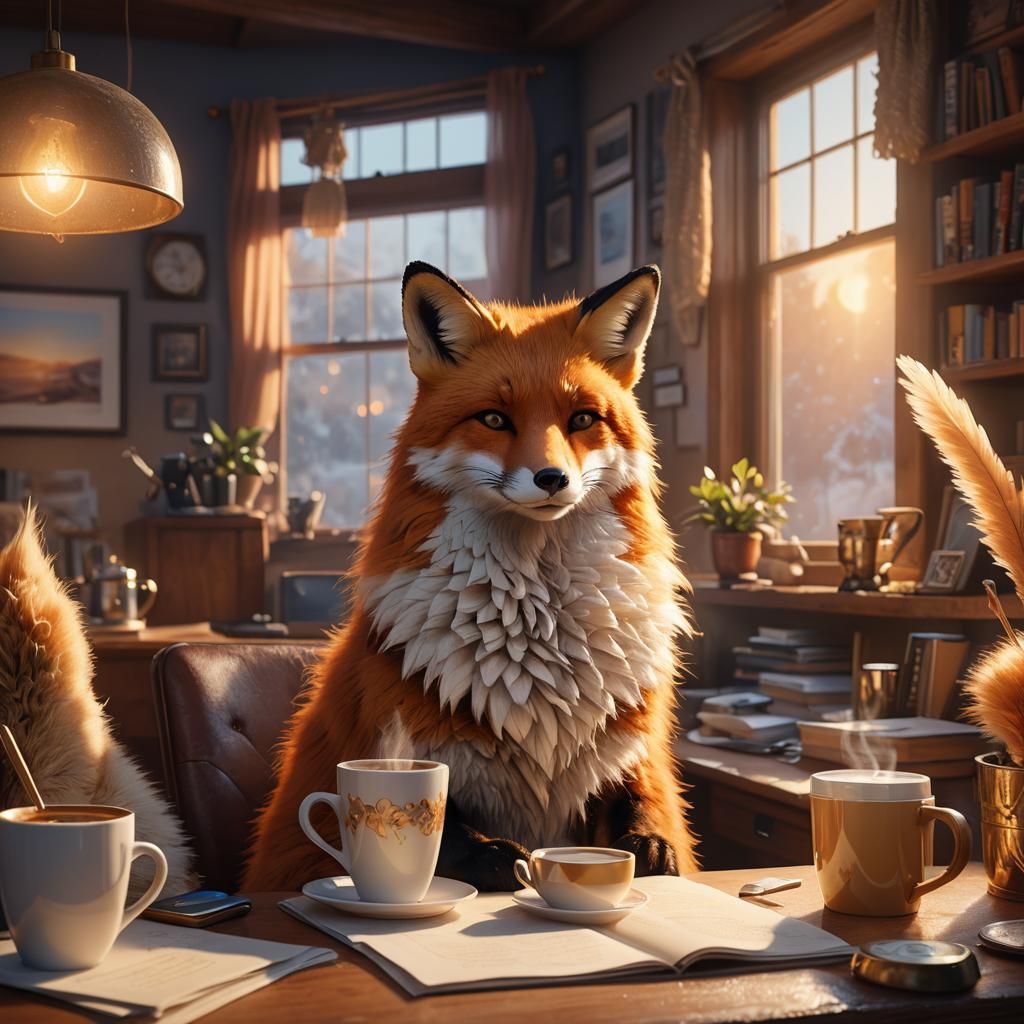 Cozy Fox Sips Coffee in Golden Hour Light