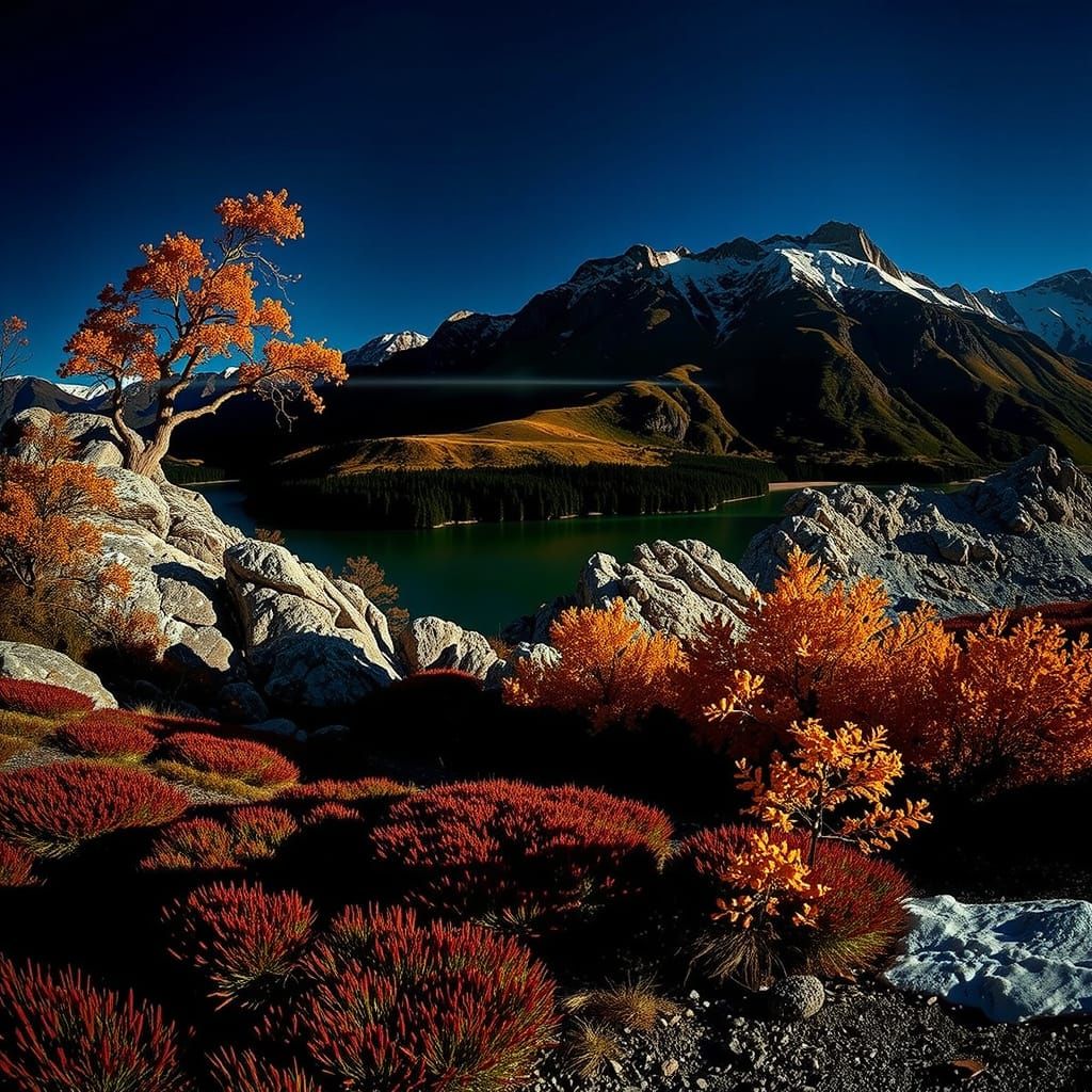 Vast Vibrant Lake and Colorful Mountains in Bright Sunshine