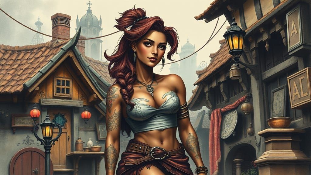 Fantasy Village Scene with Tattooed Bodybuilder