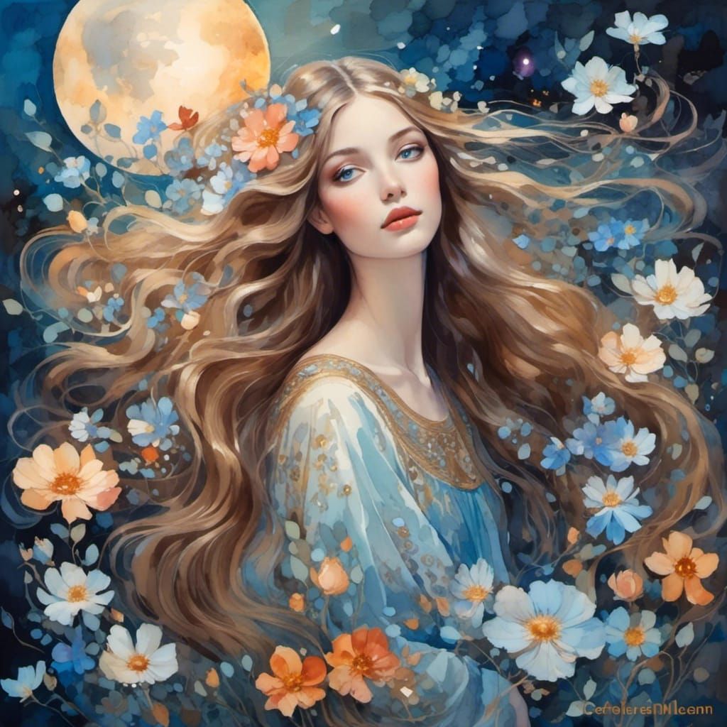 Woman with Flowers: Gouache Watercolor Impressionist Art