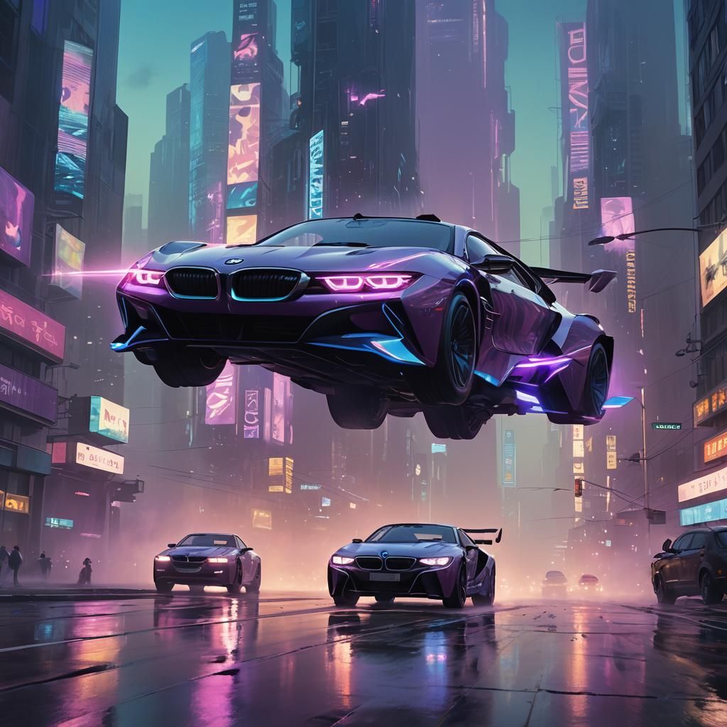 Flying BMW Soaring Through Iridescent Metropolis