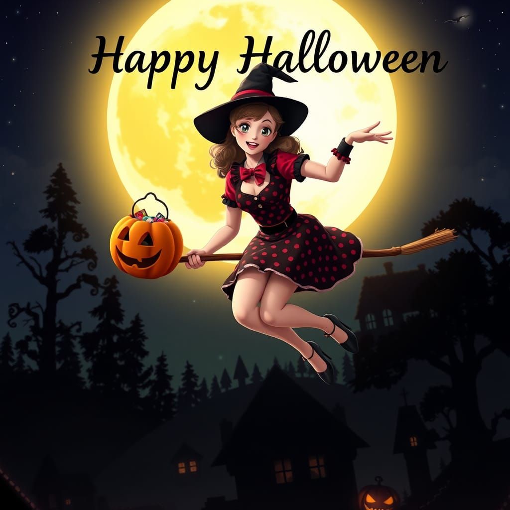 Pin-Up Witch Flies on Halloween Night