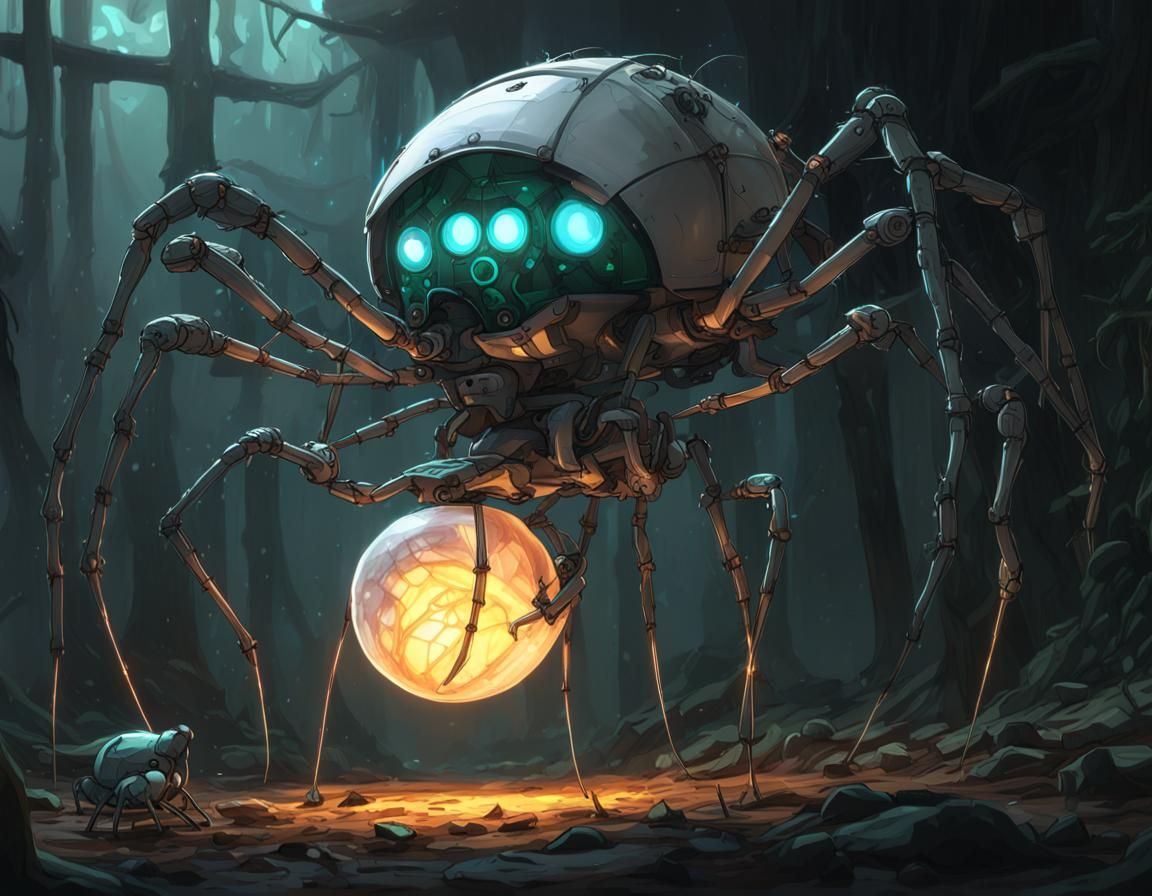 Biopunk Robotic Spider Spinning Luminescent Cocoon