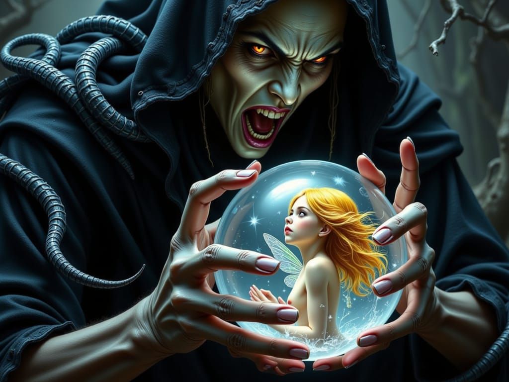 Wicked Witch in Ebony Robes Holds Crystal Ball with Trapped ...