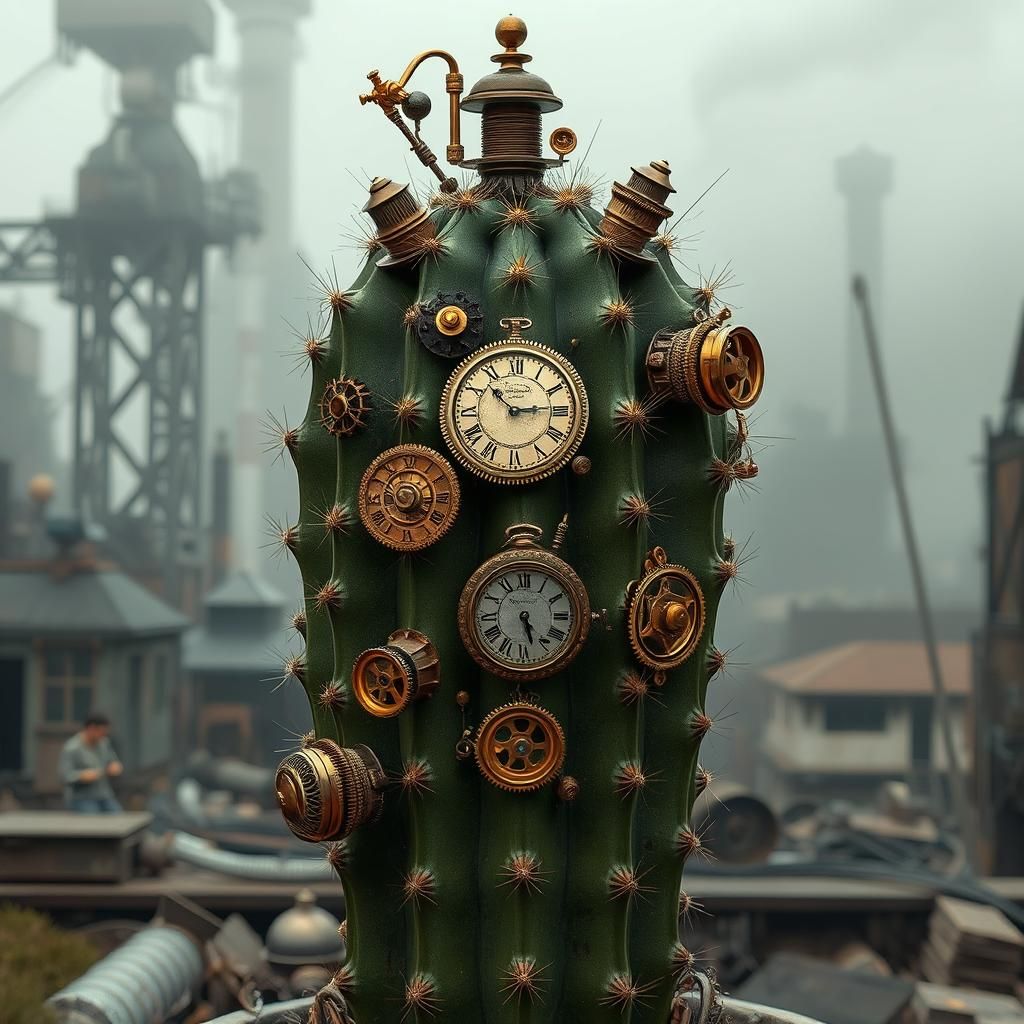 Steampunk Clockwork Cactus in Industrial Setting