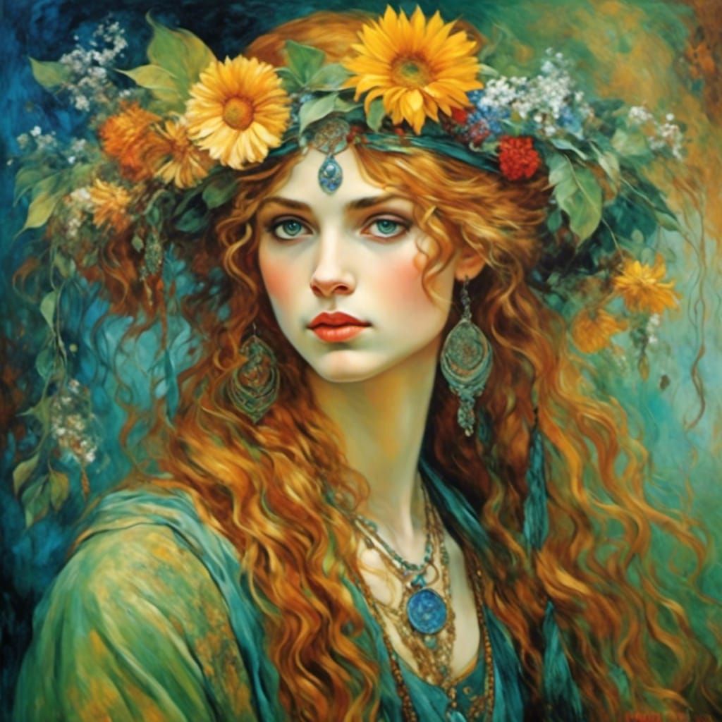 Psychedelic Hippie Girl in Art Nouveau Style