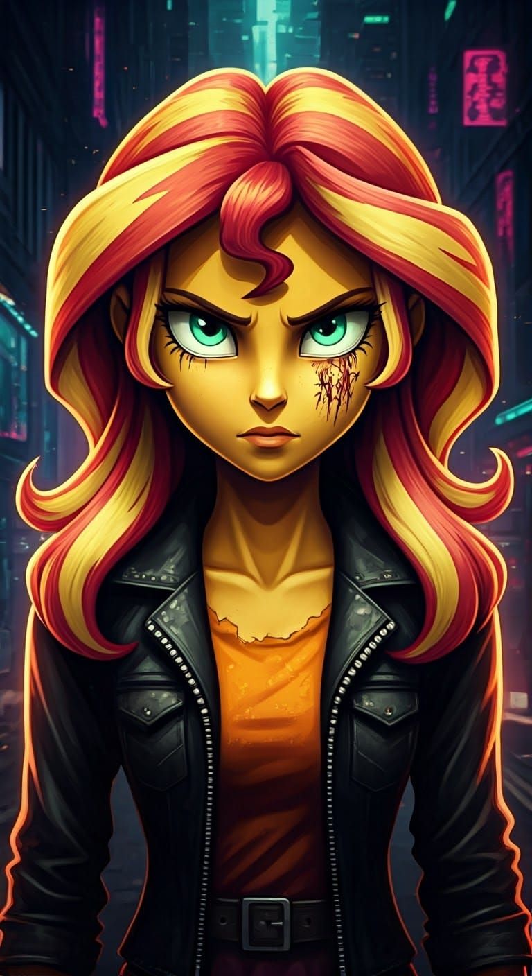 Cyberpunk Horror Character in Dystopian Cityscape