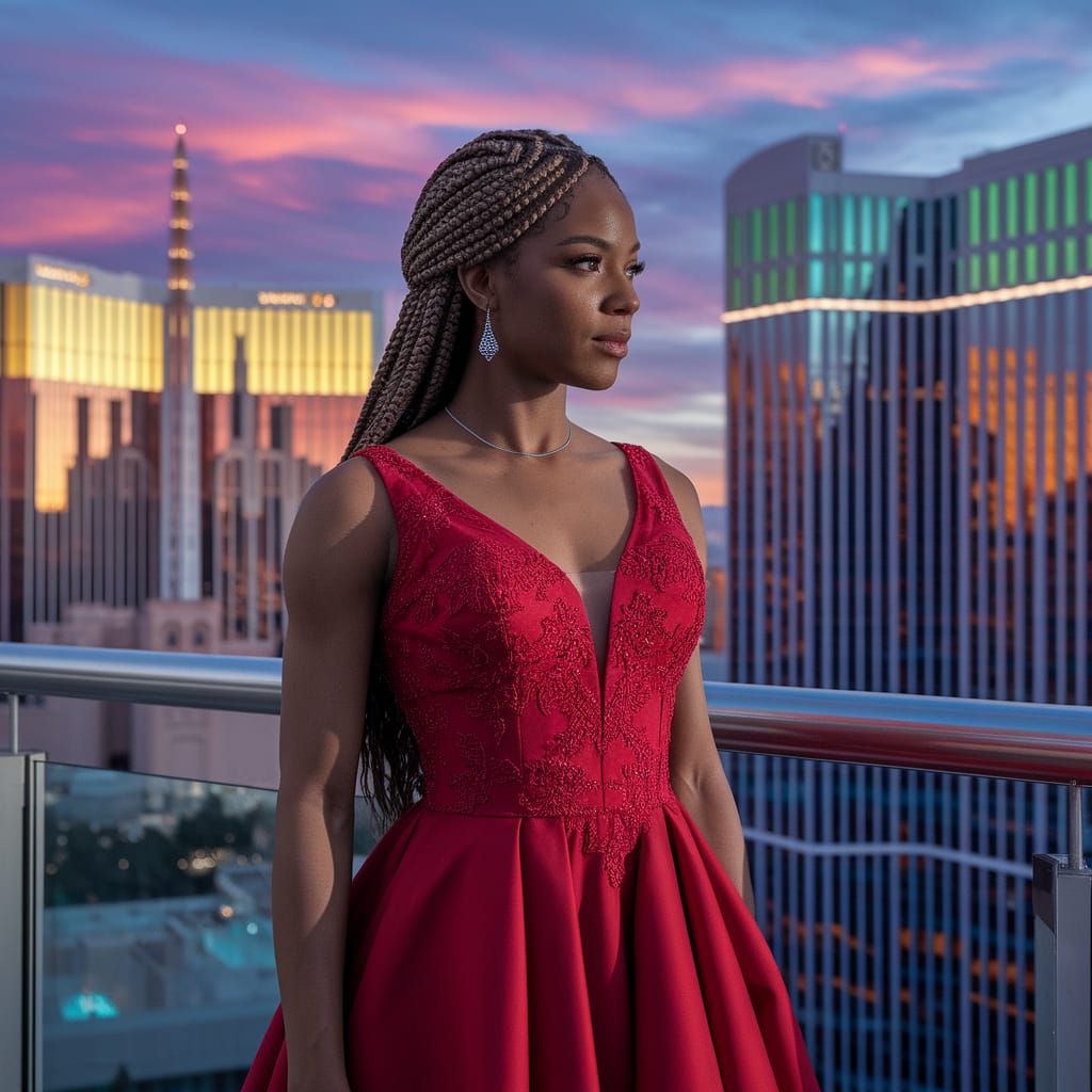 Woman in Red Gown on Vegas Skyscraper Terrace