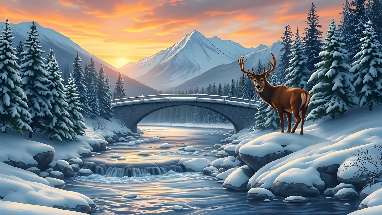 Serene Winter Mountain Sunrise with Buck and River