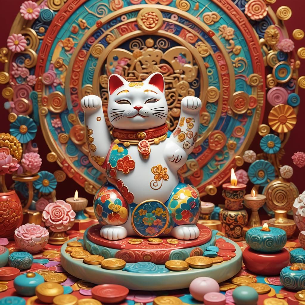 Lucky Cat Figurine in Japanese Pop Art Style