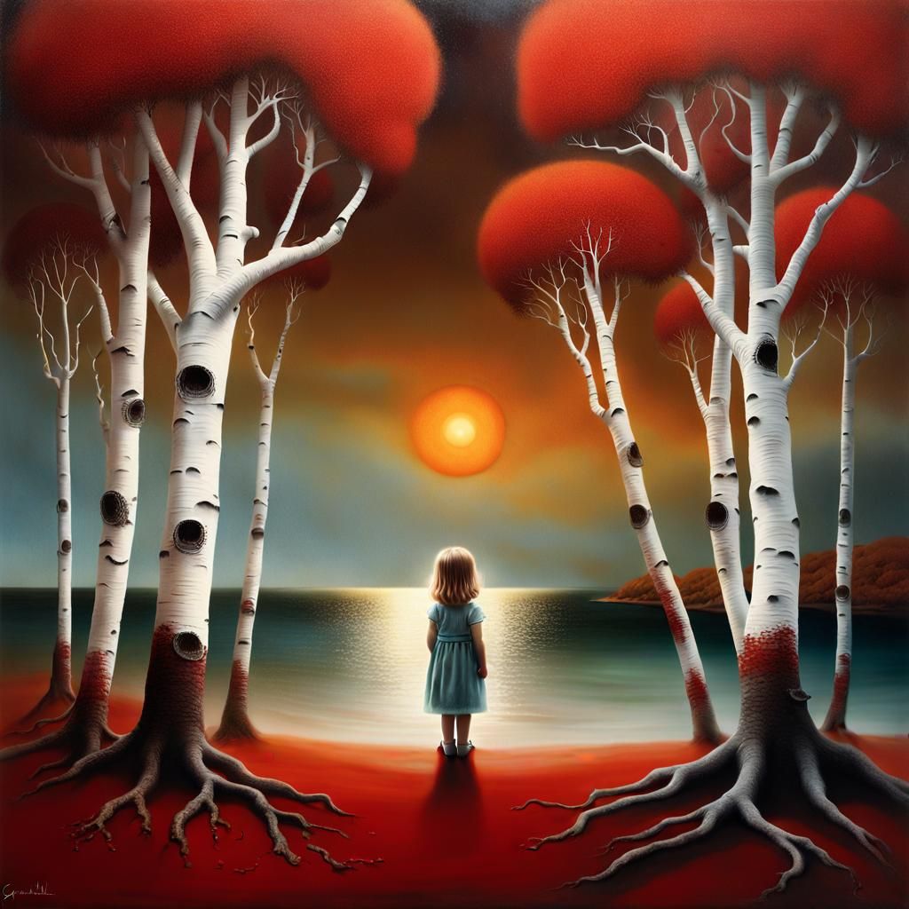 Surreal Sunset Scene with Girl on Red Beach