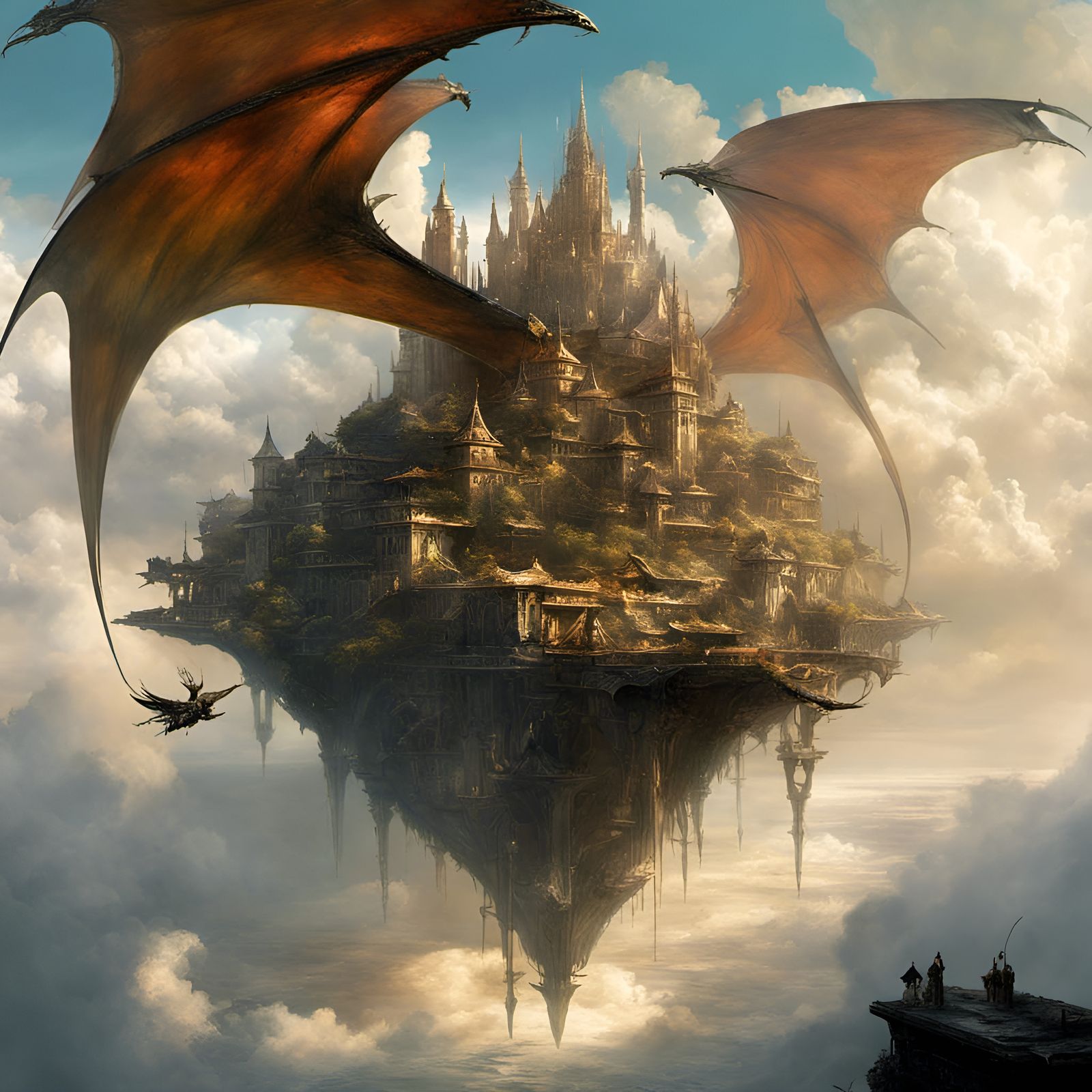 Fantasy Floating City with Dragons in Pastel Colors