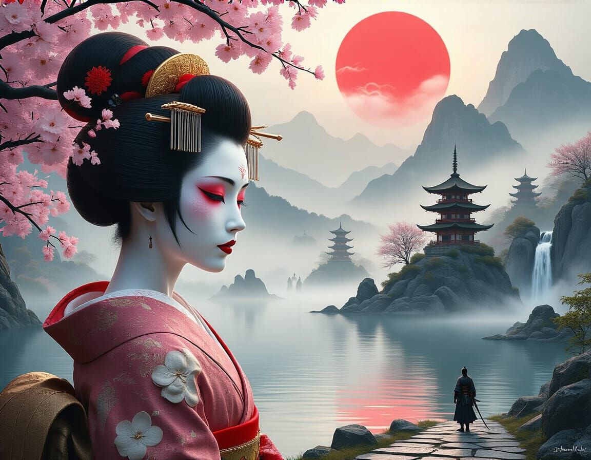 Mythical Geisha by Misty Lake in Fantasy Japanese Landscape
