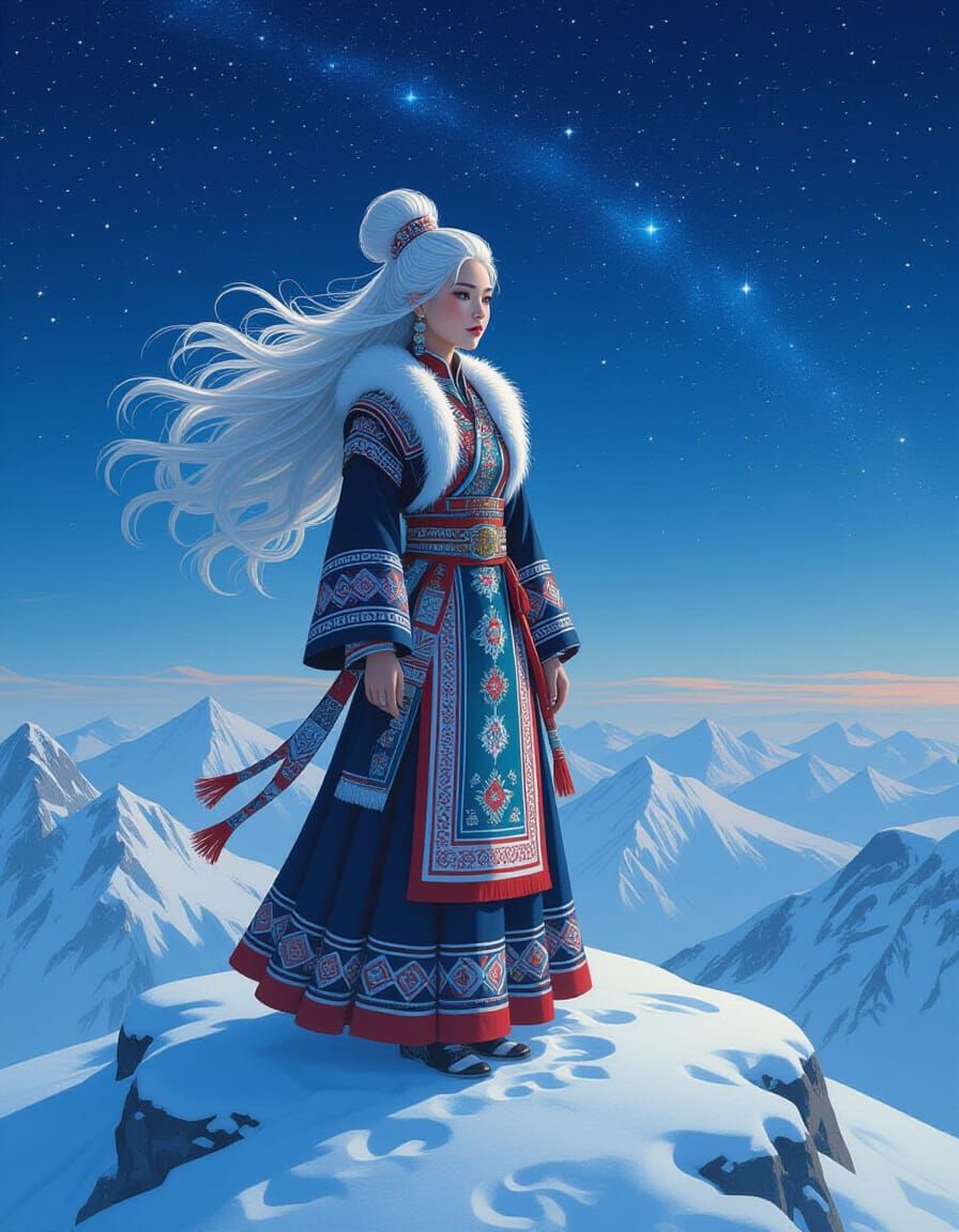 Regal Hmong Woman on Snowy Peak Under Starry Sky