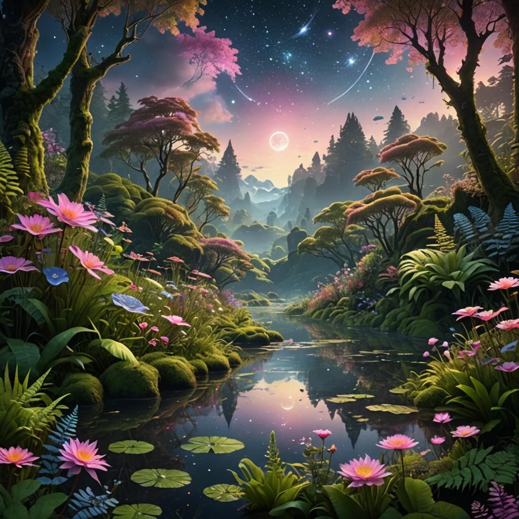 Enchanted Flower Lake Dreamlike Ethereal Landscape