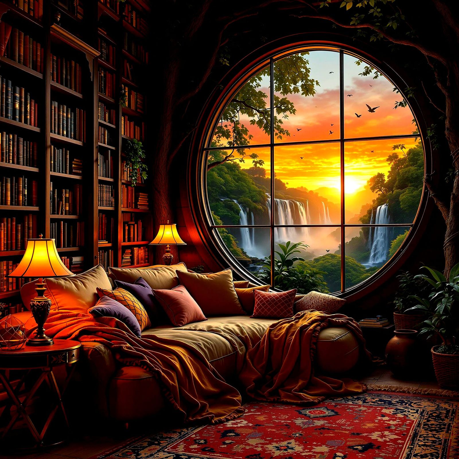 Warm Cozy Treehouse Library with Panoramic Waterfall View