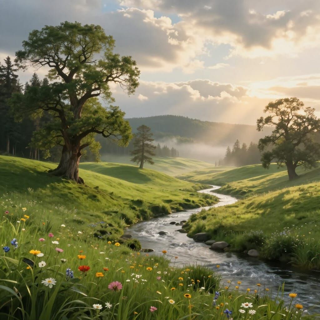 Untouched Nature Landscape Painting with River and Ancient T...